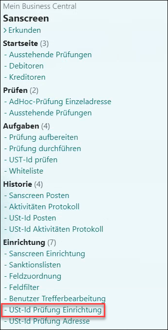 Menue USt-Id Einrichtung