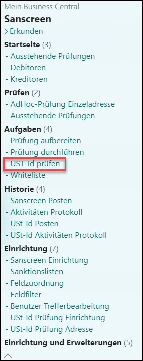 Menue USt-Id pruefen