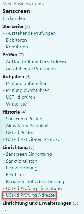 Menue USt-Id Pruefung Adresse