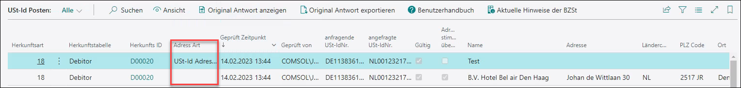 Adressart in USt-Id Pruefposten bei Pruefung mit USt-Id Adresse